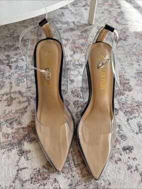 Dream Pairs Clear Pointed Toe Slingback Heels with Nude Insole and Black Trim